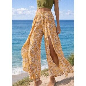 Boho Beach Billabong Wandering Soul Floral Gauze Crinkle Split Leg Pants L